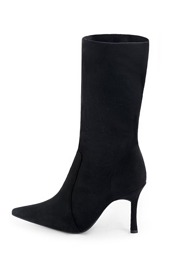 Matt black women's mid-calf boots. Pointed toe. Very high slim heel. Made to measure. Profile view - Florence KOOIJMAN